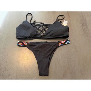 L Space Black Bikini Set Strappy Top Itsy Cut Bottoms Small NWOT
